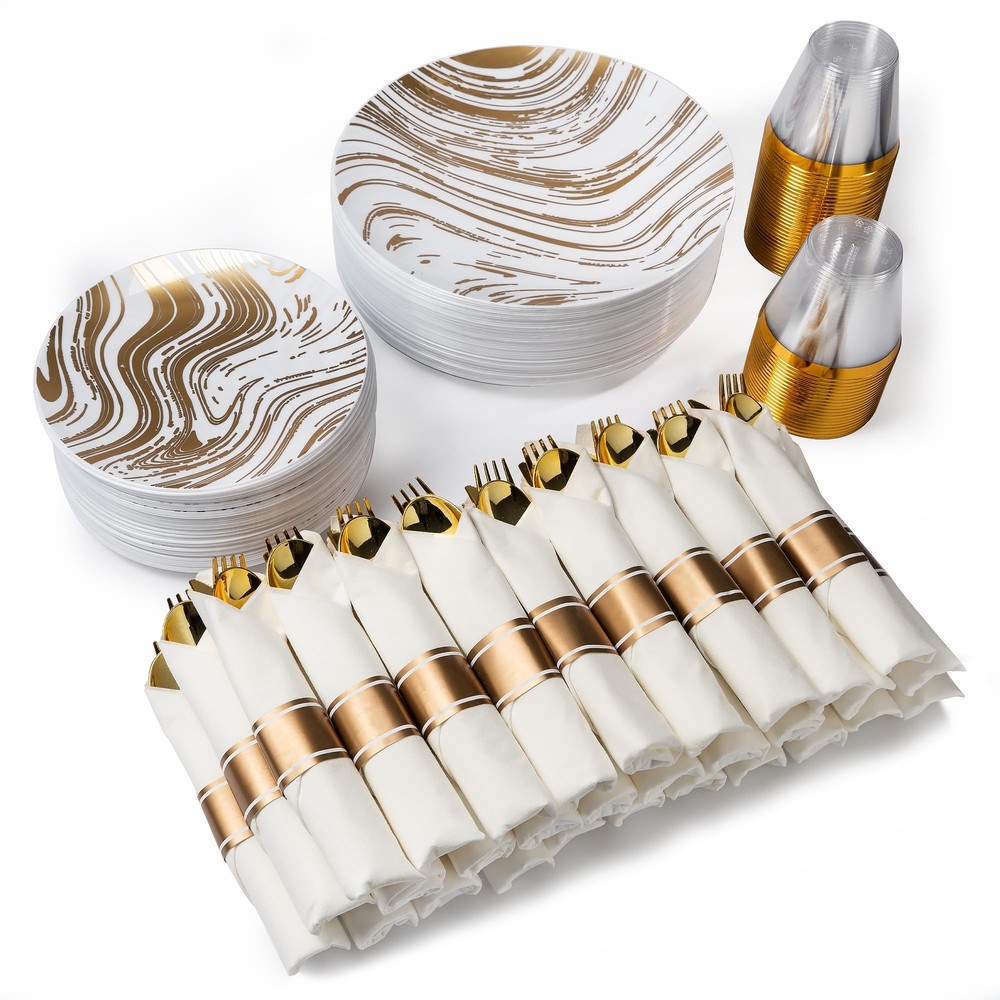 350Pcs Gold Plastic Silverware Set for 50 Guests, Disposable Dinnerware Set i...