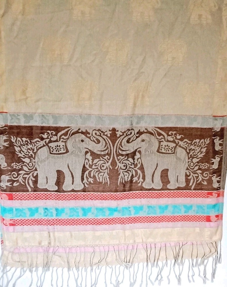 Nepal 100% Pashmina Cashmere Shawl with Gold Pink Aqua Elephant Print 74x27 Inches
