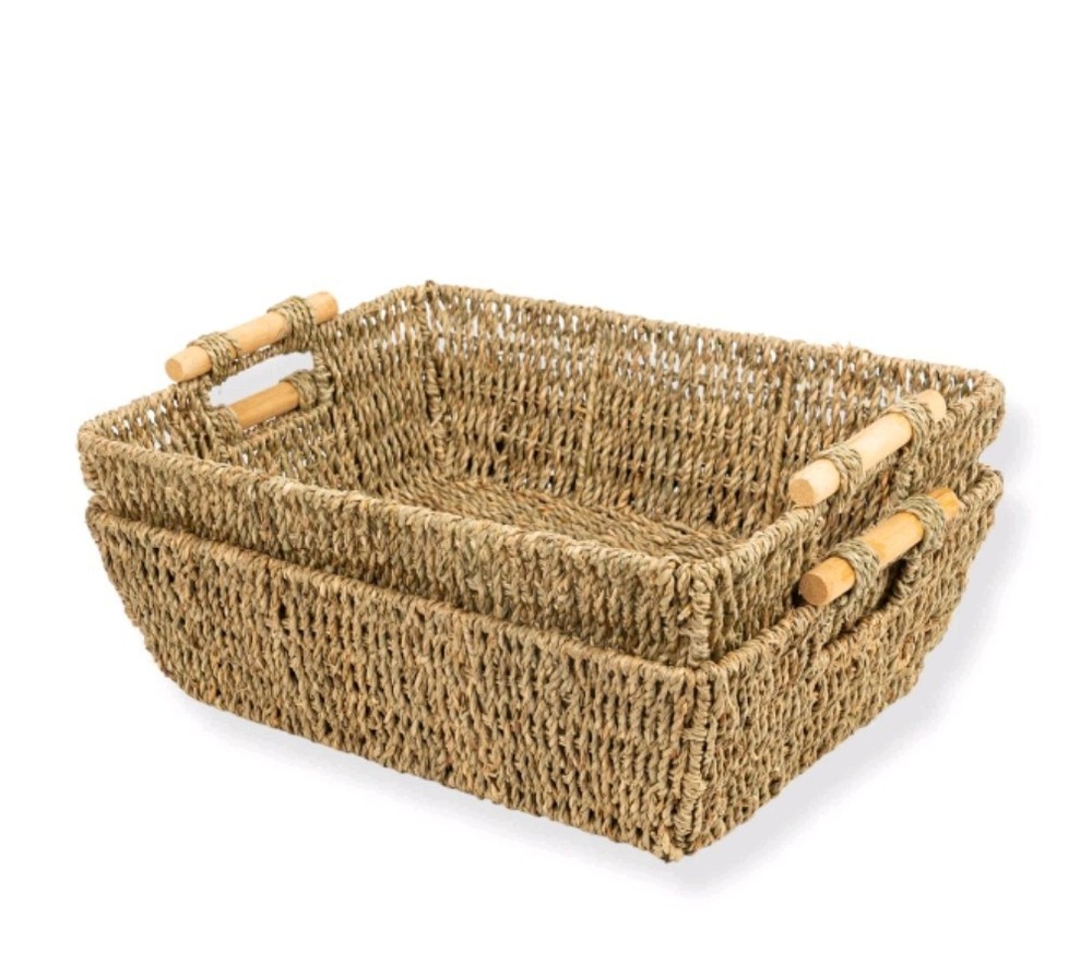Wicker Storage Baskets for Shelves w/Wooden Handles Ella Seagrass Wicker Large