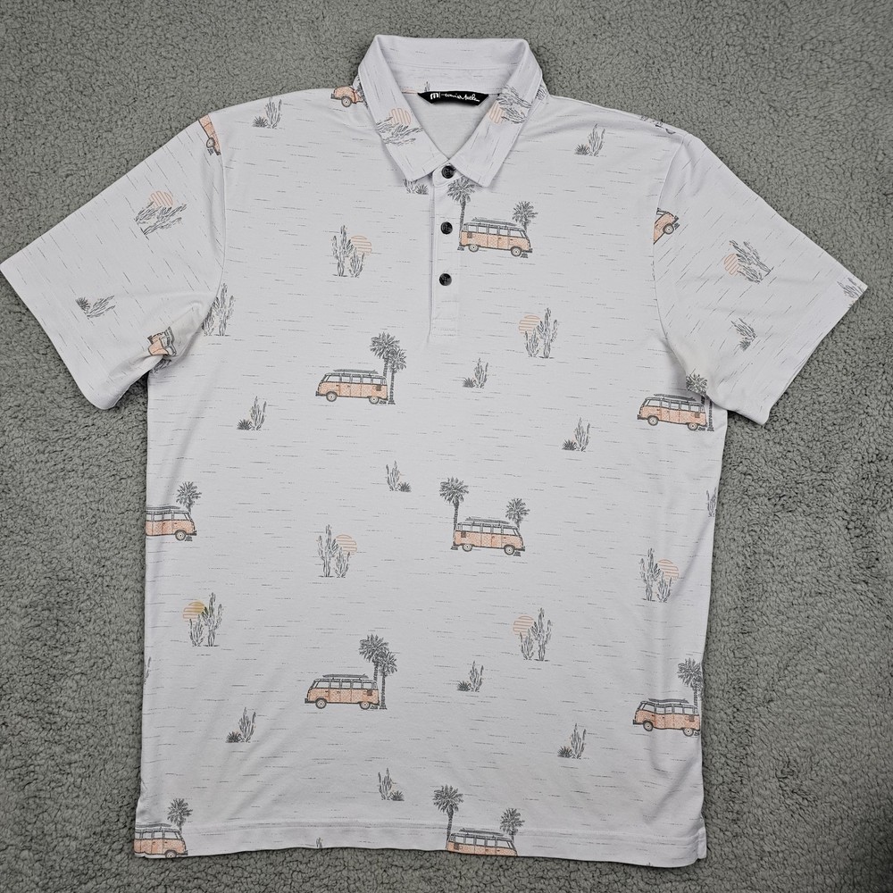 Travis Mathew Polo Shirt Mens Large White All Over Print Casual Golf Collared