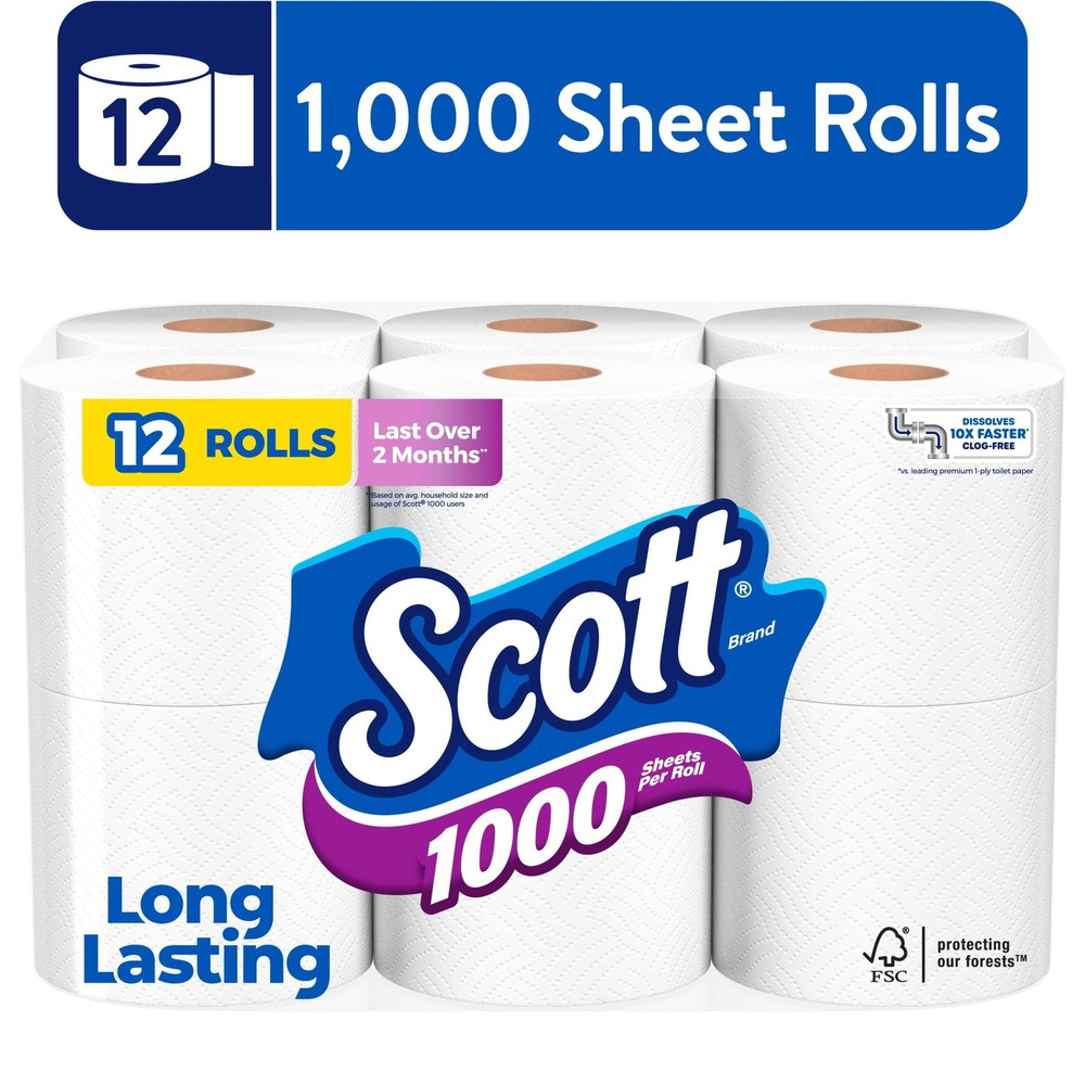 Limited Time Scott 1000 Toilet Paper 12 Rolls 1000 Sheets Each-image