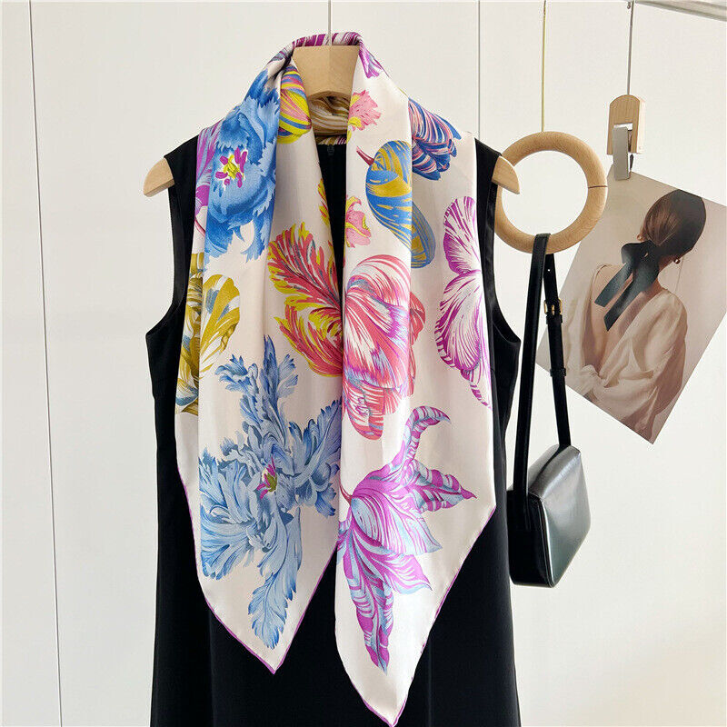 Pure 14 Momme Twill Silk Scarf Floral Print Square Shawl 35 Inch Wrap Bandanna
