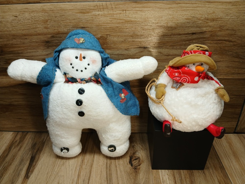 Two Adorable Fat Snowmen Fabric Plush Christmas Decor Cowboy Vintage