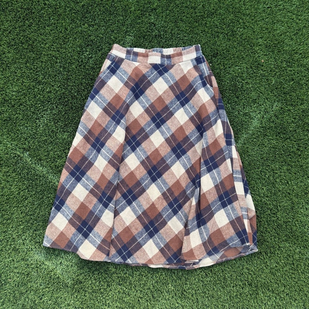 Ebossy Plaid A Line Midi Skirt Women's XL Wool Blend Lined Brown Blue Beige