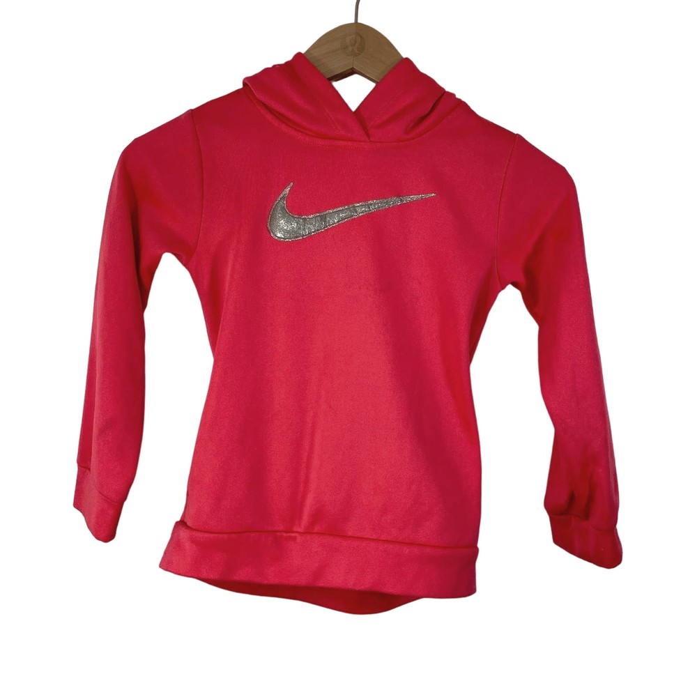 Nike Dri-Fit Girl's Big Glitter Swoosh Logo Hoodie Pink Size Large