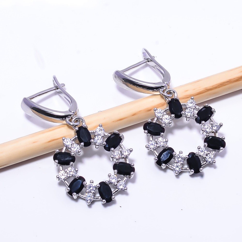 Black Onyx & Cubic Zirconia Gemstone 925 Sterling Silver Earring 1.56