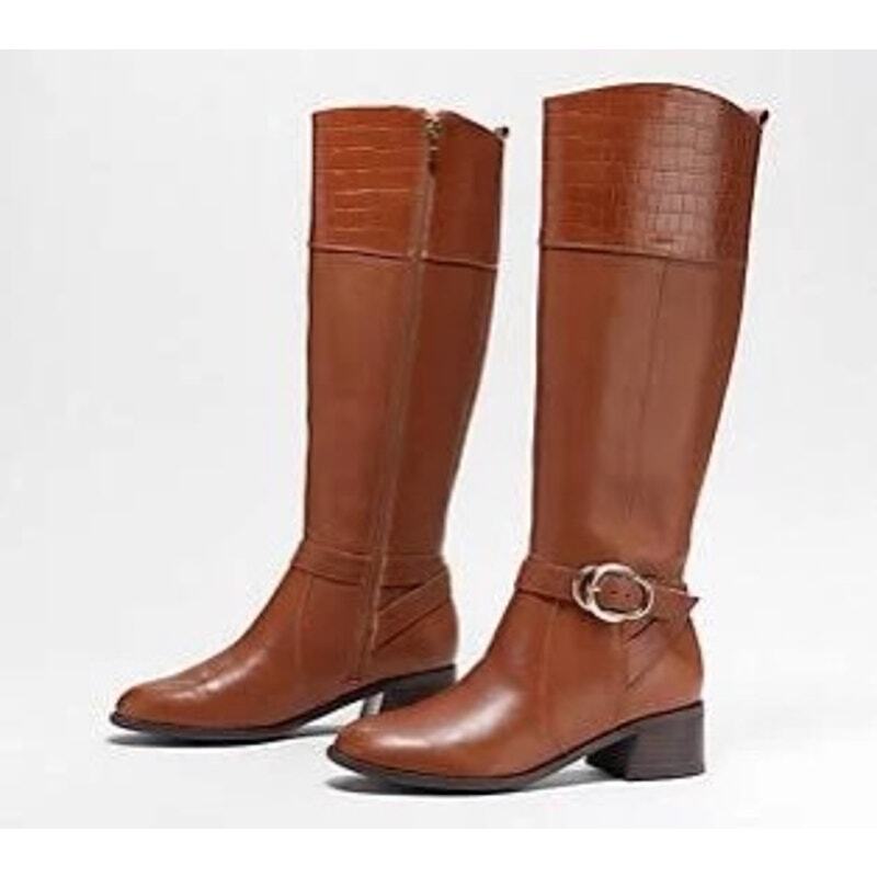 Marc Fisher Hailin Tall Shaft Leather Riding Boots Size 7 Cognac Croc Embossed