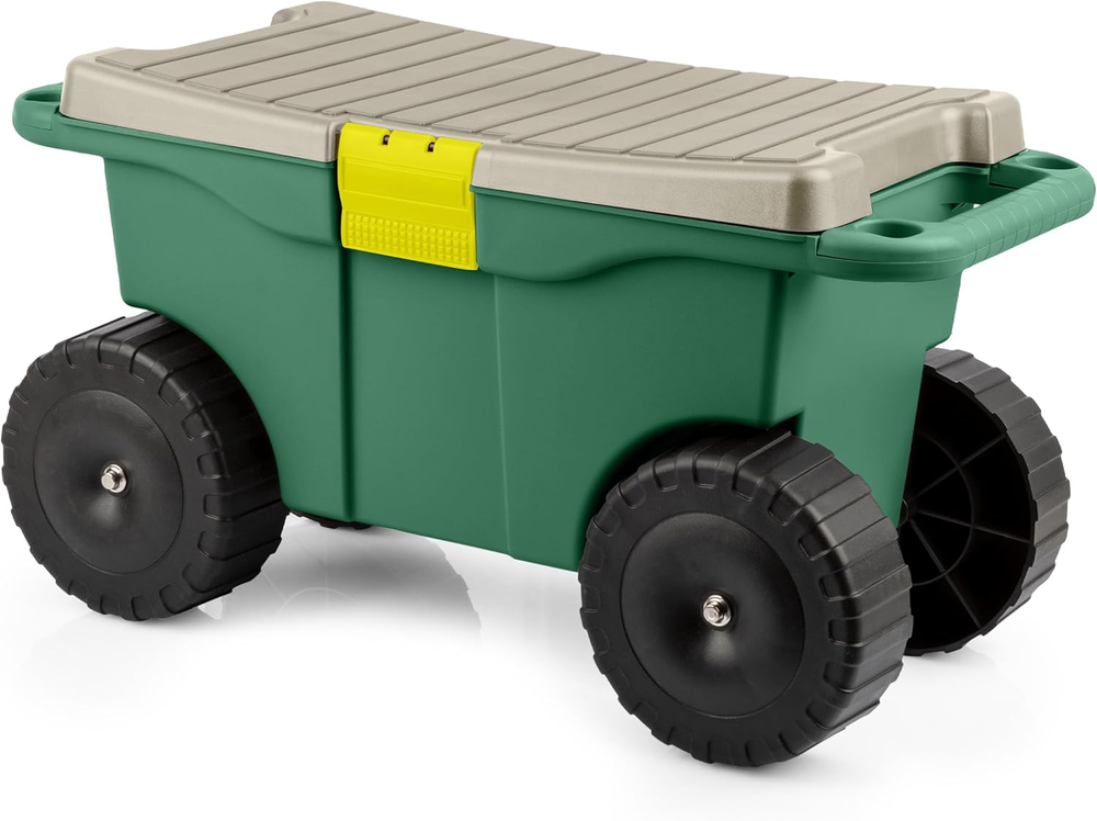 Heavy-Duty Rolling Garden Cart with Bench Seat, Plastic Storage, and Interior Tool Tray