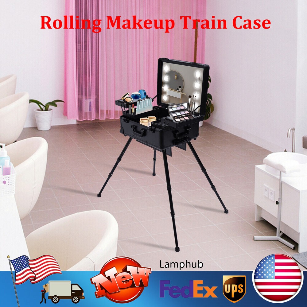 LED Rolling Makeup Train Case with Mirror & Lights - Cosmetic Organizer Trolley