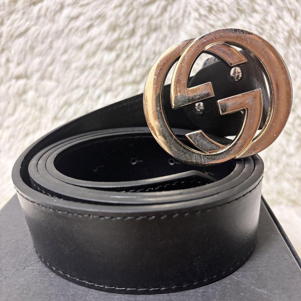 Authentic Gucci GG Interlocking Buckle Belt Black Gold Leather Unisex