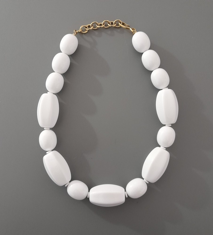 Monet Vintage Necklace - White Acrylic - Statement Chunky - Gold Tone - Collar