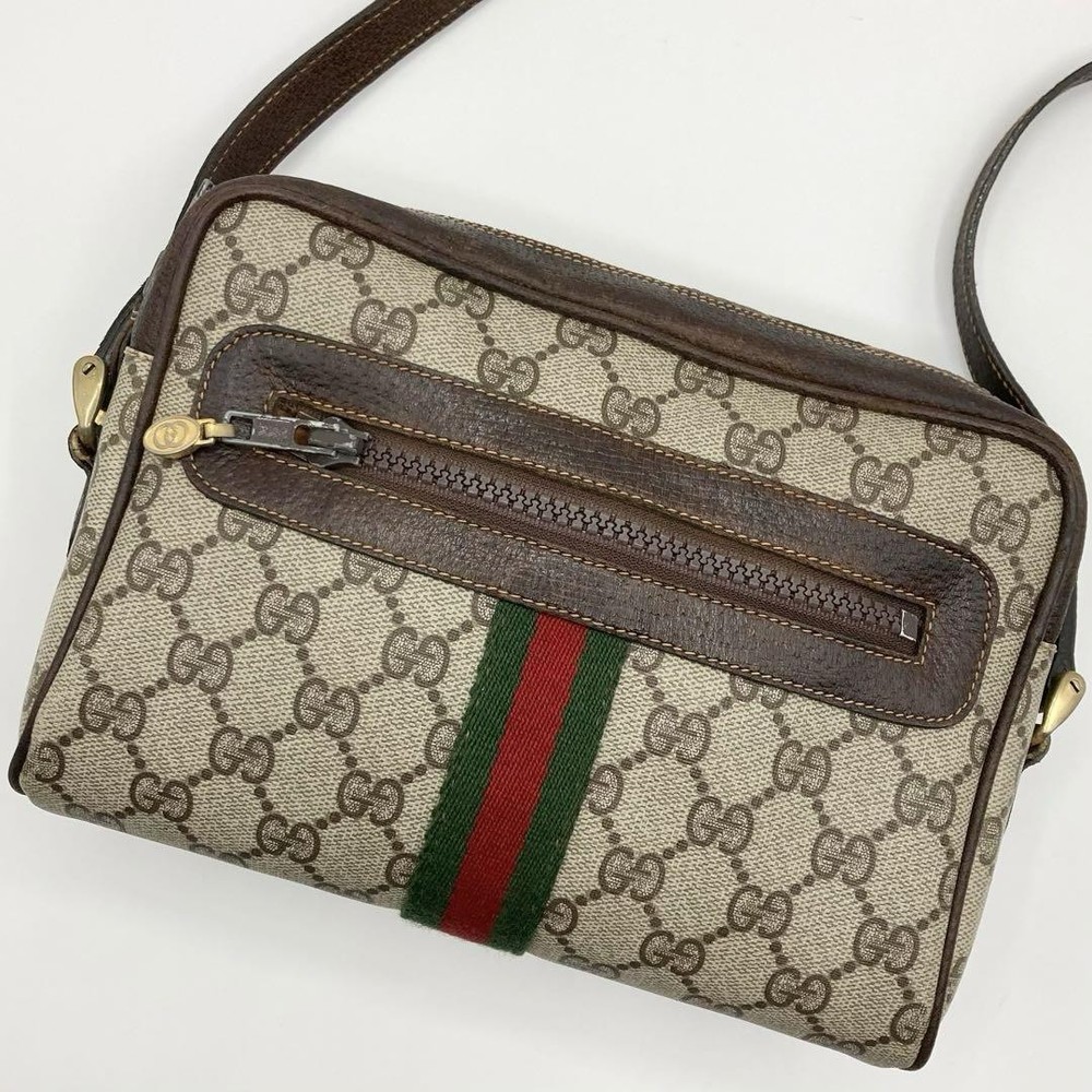 Gucci Vintage Sherry Line Beige Leather PVC Mini Crossbody Bag 17x22cm