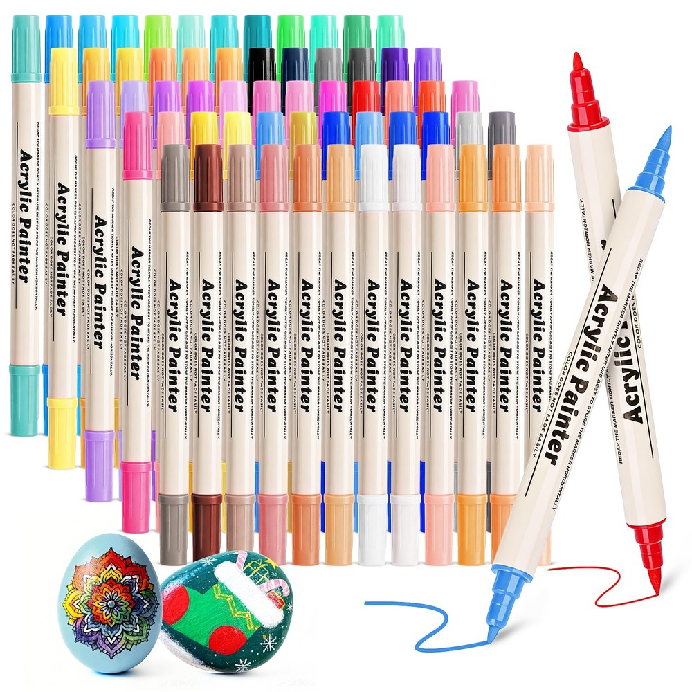60 Colors Dual Tip Acrylic Paint Pens Markers Dual Tip Markers Art Canvas Kit...