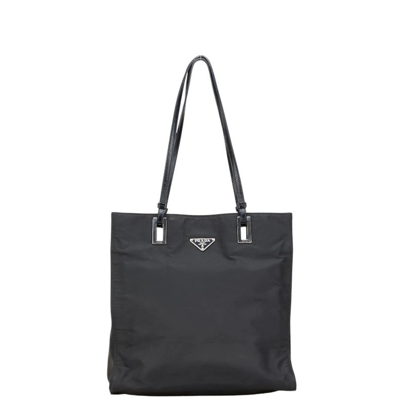 RARE PRADA Triangle Logo Plate Tote Shoulder Bag BR1566 Black Nylon