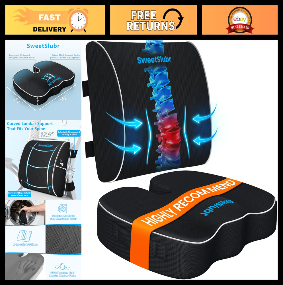 Ergonomic Memory Foam Seat Cushion & Lumbar Support Pillow Set - Coccyx Relief,