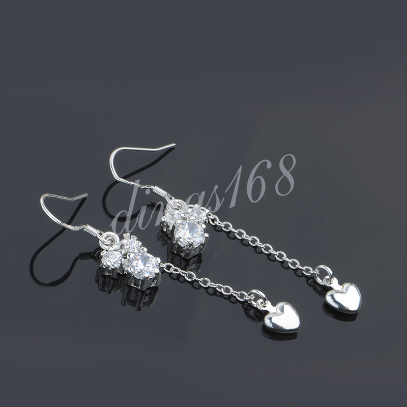925 Sterling Silver Crystal Heart Threader Dangle Earrings Tarnish-Resistant N686