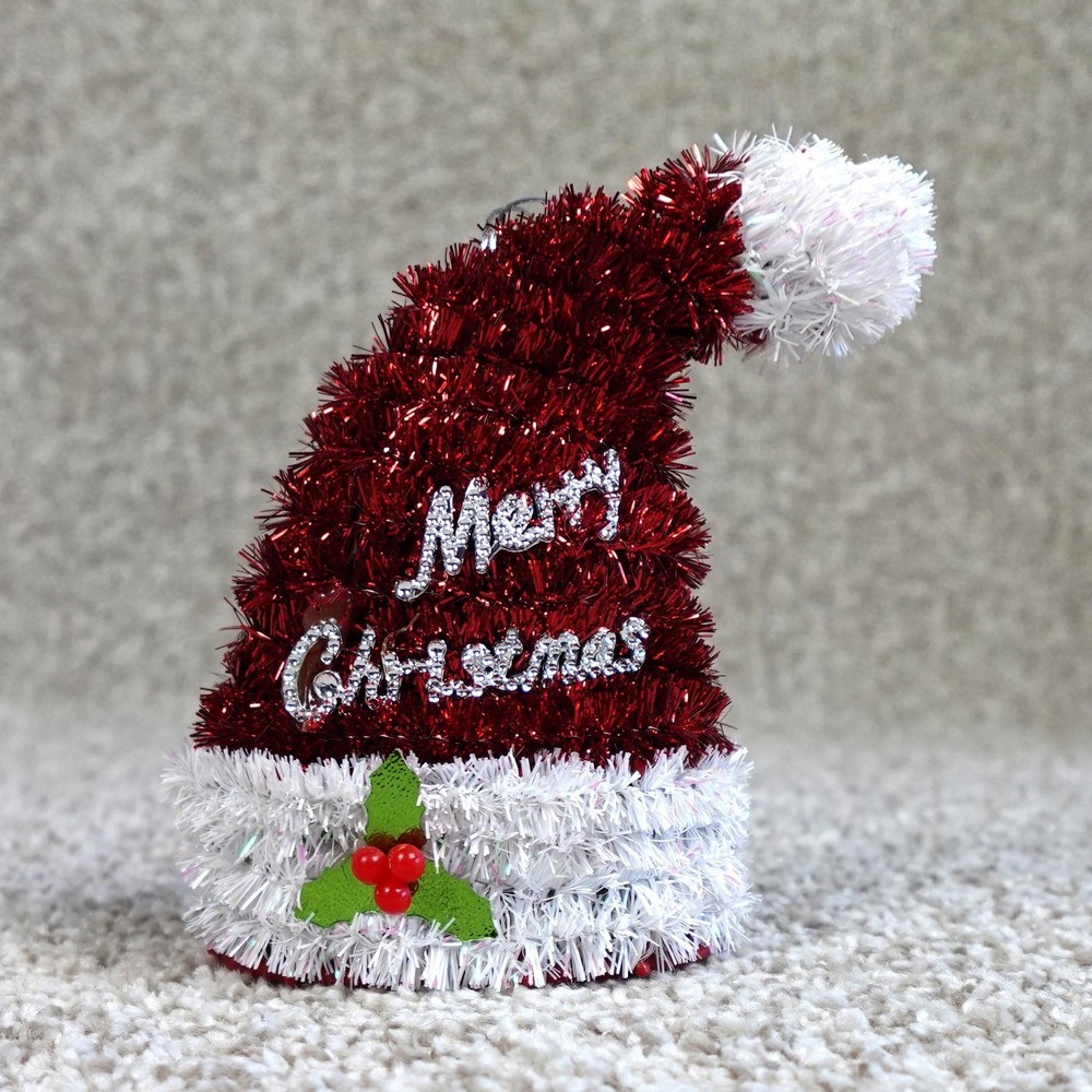 Glitter Santa Hat Ornament Merry Christmas Holly Berries Red White