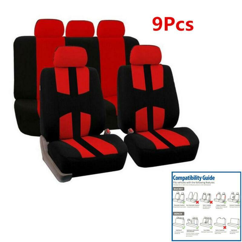 9Pcs Car Auto 5-Sits Seat Cover Set Black＋Red Polyester Bird Eye Cloth Anti-slip
