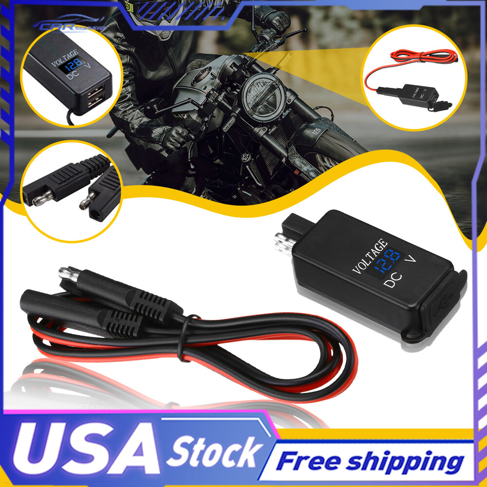 1x Motorcycle to USB Cable SAE Adapter Dual Port GPS Phone Charger&LED Voltmeter