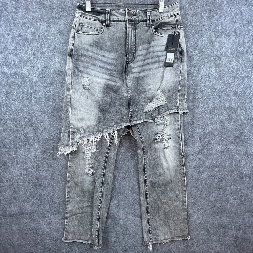AFRM Revolve Jeans Womens 28 Black Double Denim Skirt Ripped Grunge 90s Y2K