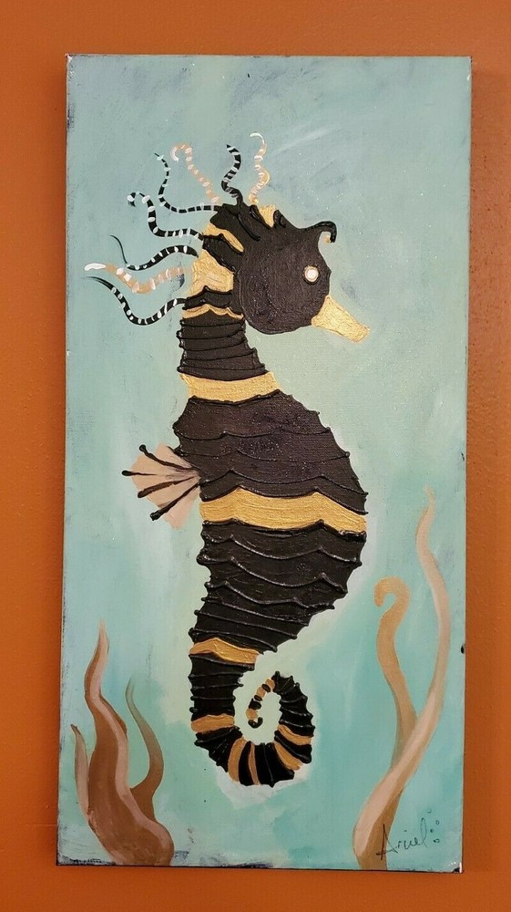 ORIGINAL Bathroom or Kids Bed Room Seahorse Wall Art Painting SIGNED by Ariel