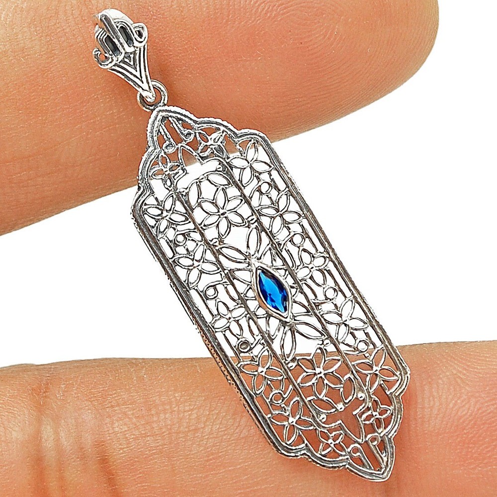 Treated Blue Sapphire 925 Sterling Silver Victorian Style Pendant Jewelry AB1853