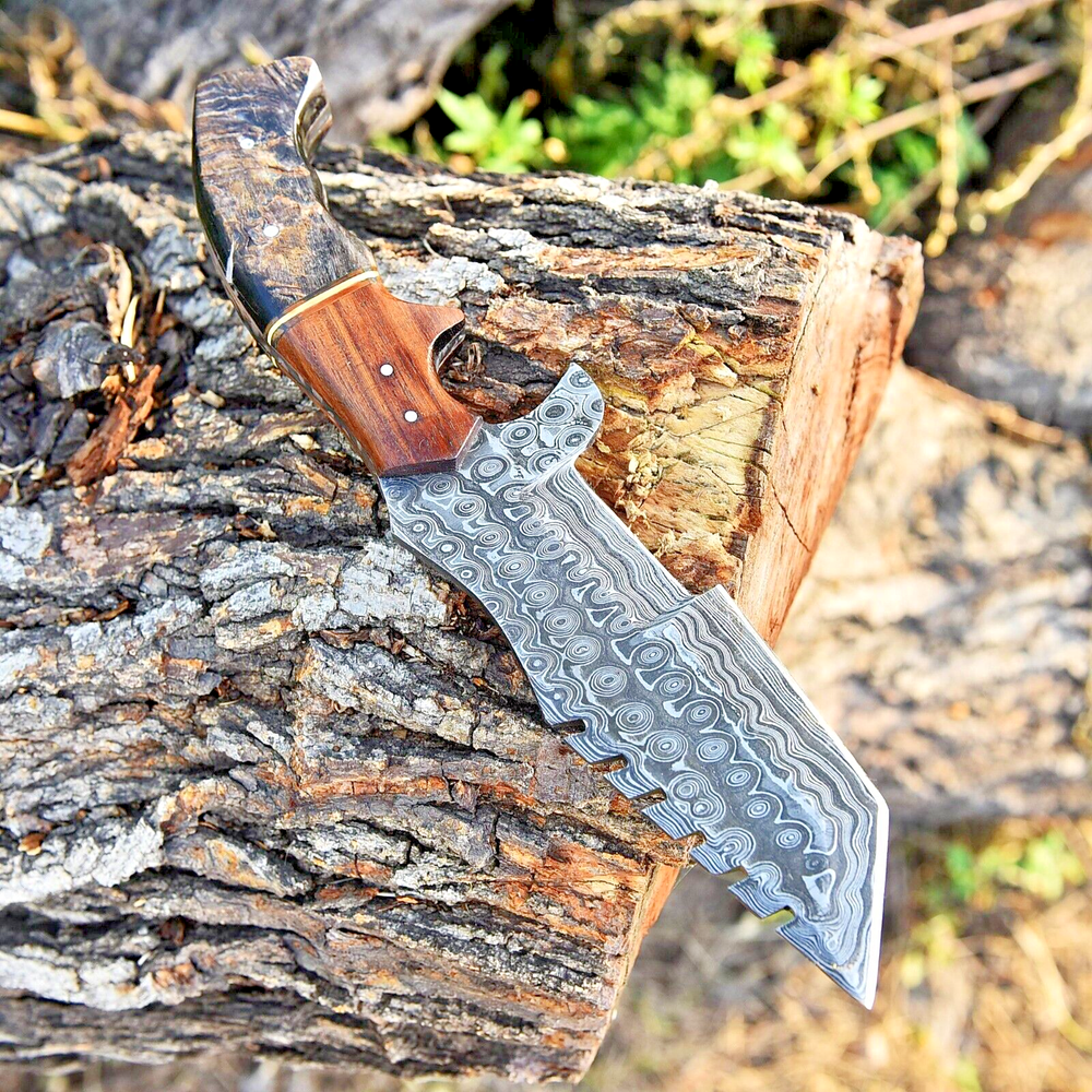 DAMASCUS KNIVES FIXED BLADE OUTDOOR TRACKER KNIFE RAM HORN WOOD HANDLE  X455