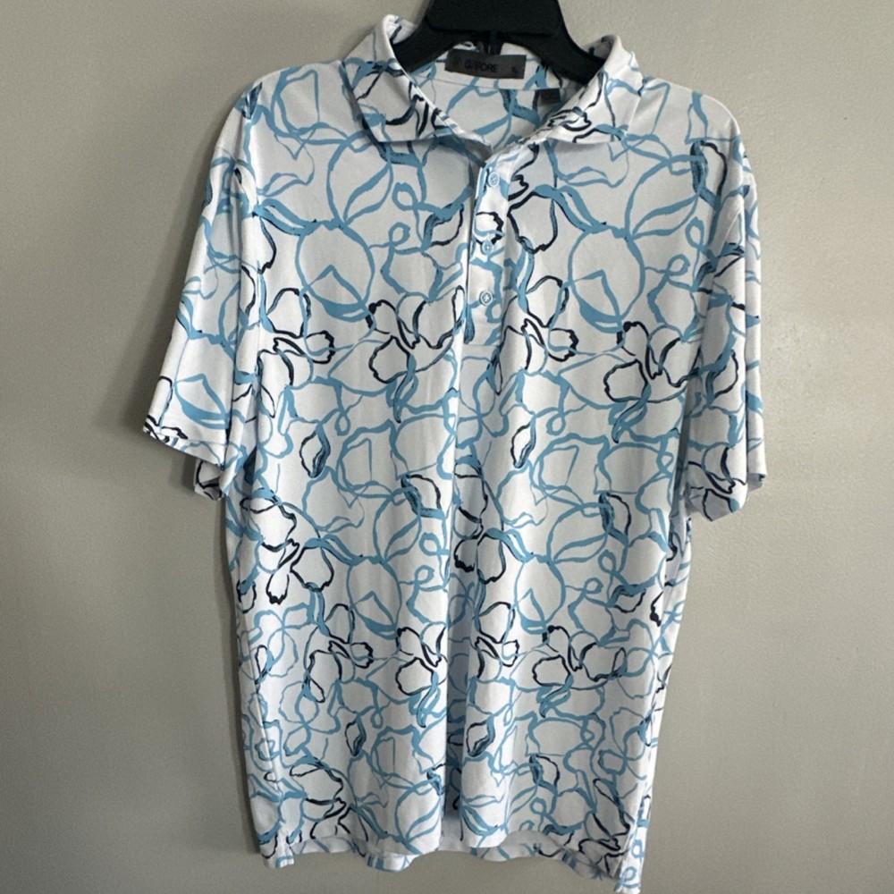 G/FORE XL Golf Polo Shirt Men's White Blue Black Floral Short Sleeve Logo