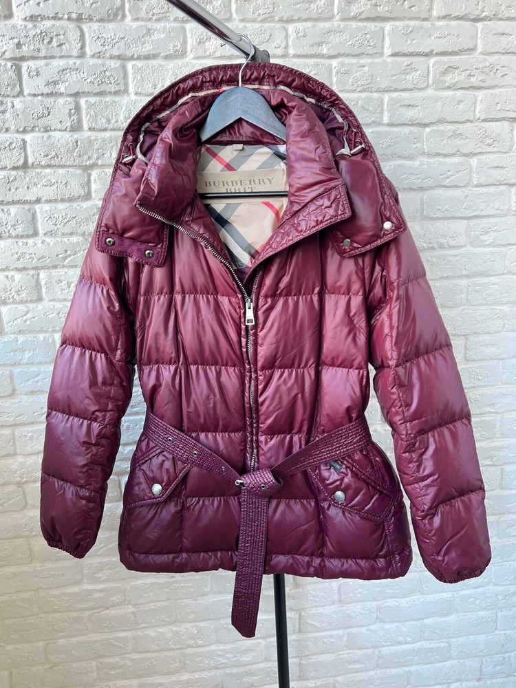 Burberry Brit Checked Belted Down Jacket Womens Size M Navy Blue Quilted Coat