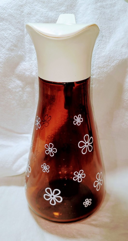 Vintage Amber Brown Daisy Flower Patterned Syrup Dispenser. Thatcher Glass 1960s