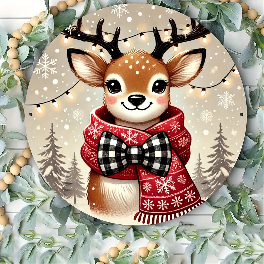 Retro Christmas Deer Plaid Scarf Metal Hanging