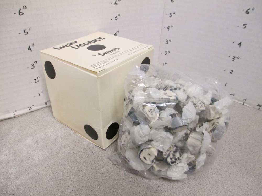 Lucky Licorice Sweet's candy box full 1970s SLC UT gambling dice taffy wrappers