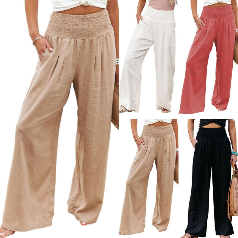 Womens High Waisted Palazzo Trousers Ladies Plain Baggy Wide Leg Flared Pants