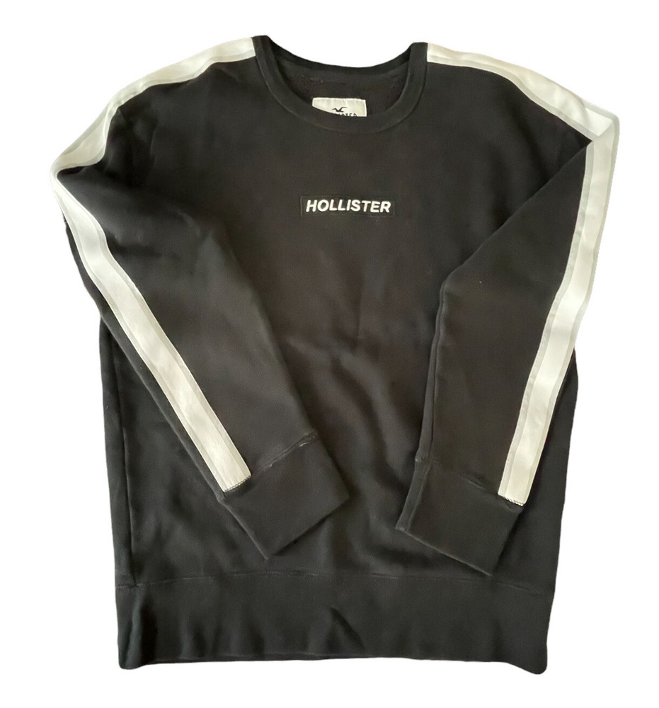 Hollister Logo Navy Crewneck Pullover Sweatshirt Mens Size XS Striped Sleeves