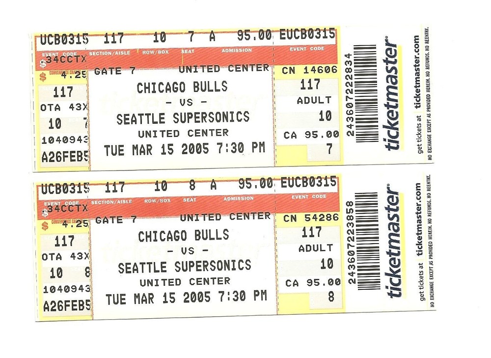 Chicago Bulls vs Seattle Supersonics Unused Basketball Tickets March 15, 2005