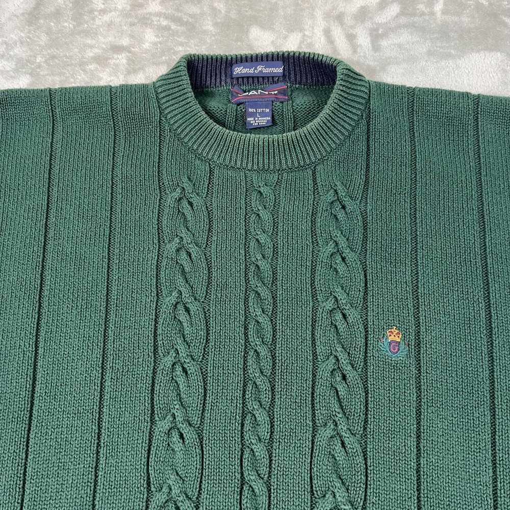 Gant Sweater Mens Large Green Hand Framed Cable Knit Cotton Crewneck Pullover