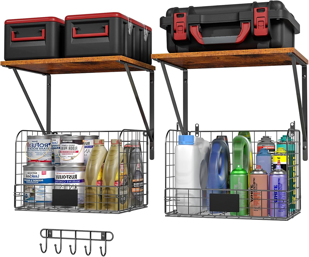 2 Pack Heavy Duty Wall Mount Garage Shelves with Wire Storage Baskets