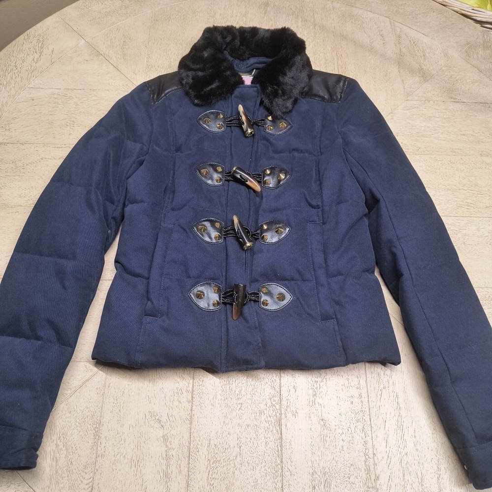 Juicy Couture Navy Studded Toggle Puffer Coat with Removable Y2K Fur Collar