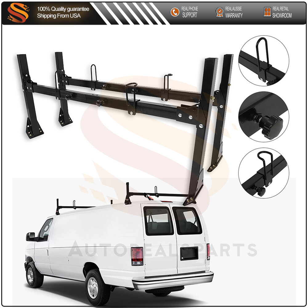 2 Bars Van Roof Ladder Rack Black Steel Cargo Carrier For Chevy Ford GMC Express