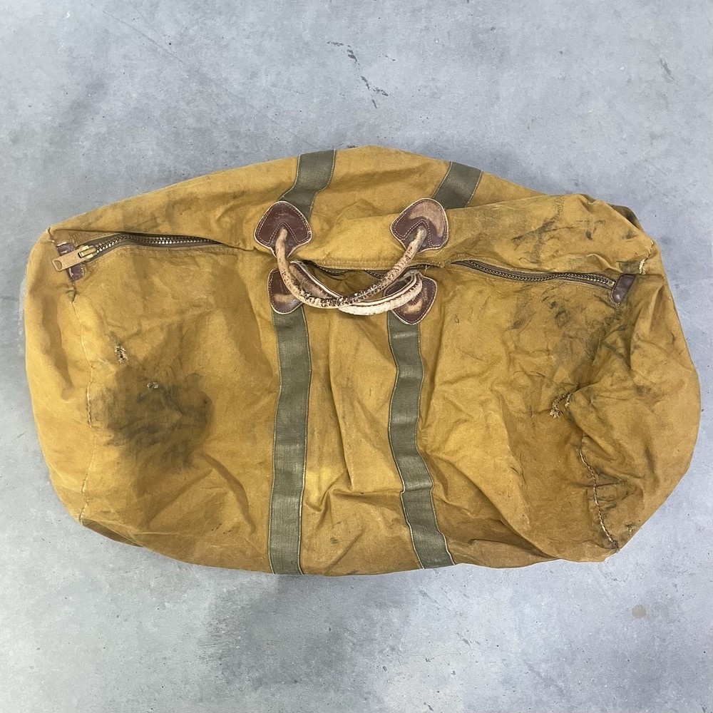 Vintage 1940s L.L. Bean XL Canvas Duffle Bag with Leather Handles & Talon Zipper