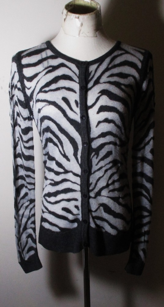 ANNE KLEIN Gray Black Lambswool Cardigan Sweater Size S