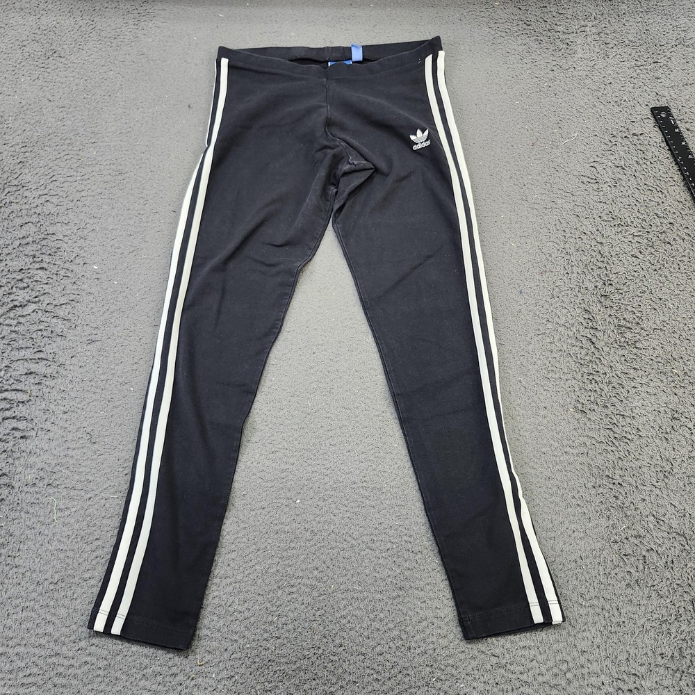 Adidas Leggings Womens Medium Black Trefoil Three Stripe Pants Athletic Stretch