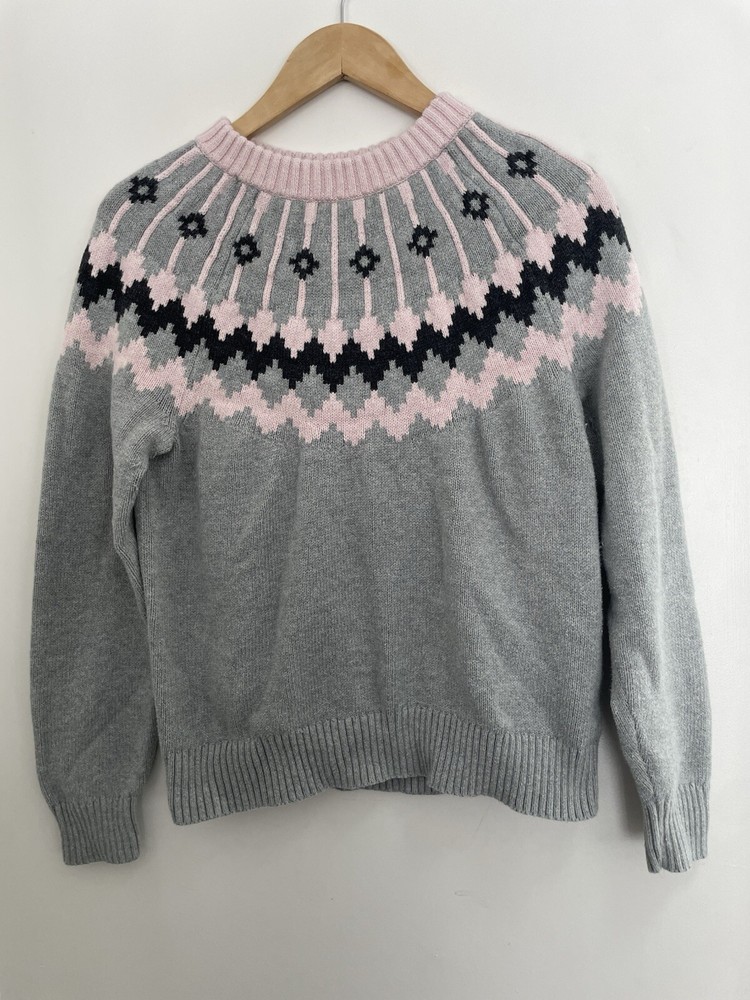 J. Crew Women's Fair Isle 100% Cotton Rib Knit Long Sleeve Sweater Gray Pink M