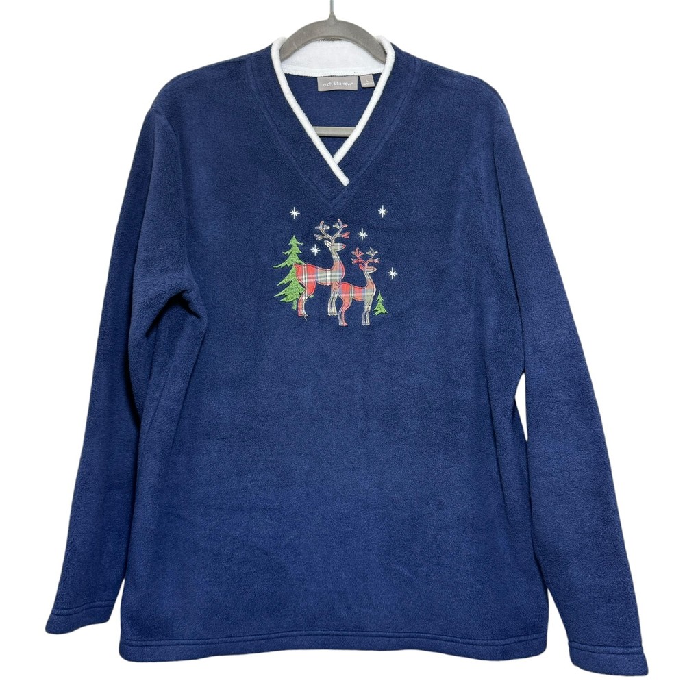 Vintage 90s Y2K Christmas Fleece Sweater Large Pullover Plaid Reindeer Granny