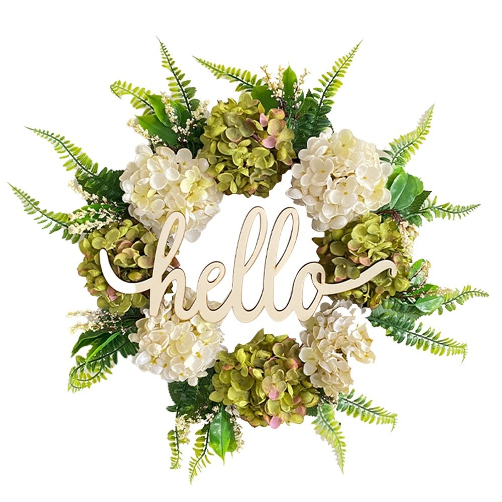 Handmade Green and White Hydrangea Wreath for Spring Summer Farmhouse Decor