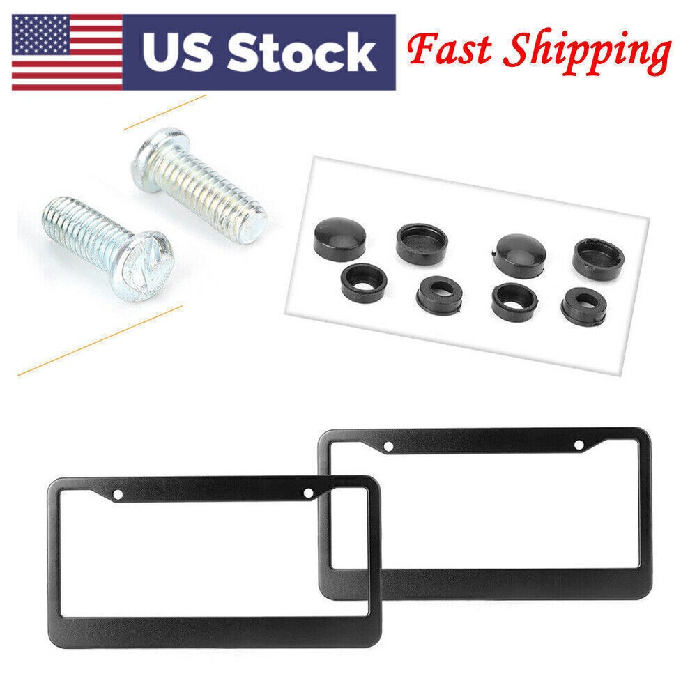2PCs Black Metal License Plates Frame Tag Cover Screw Caps Stainless Steel Car