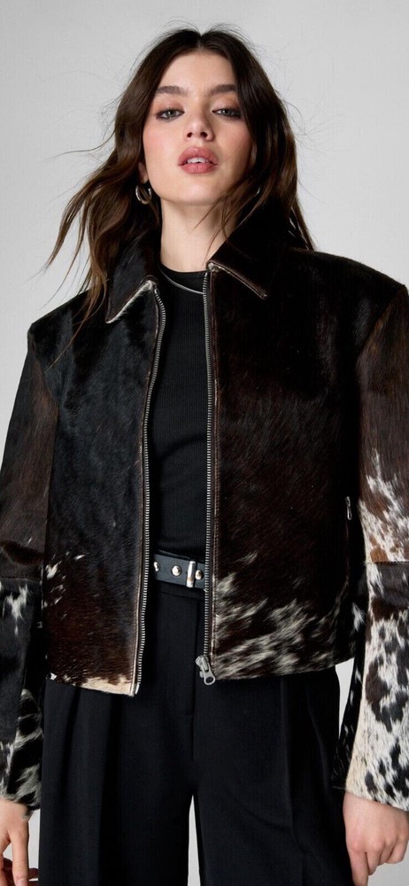 Women's Genuine Cowhide Leather Jacket with Natural Hair-On Cow Skin