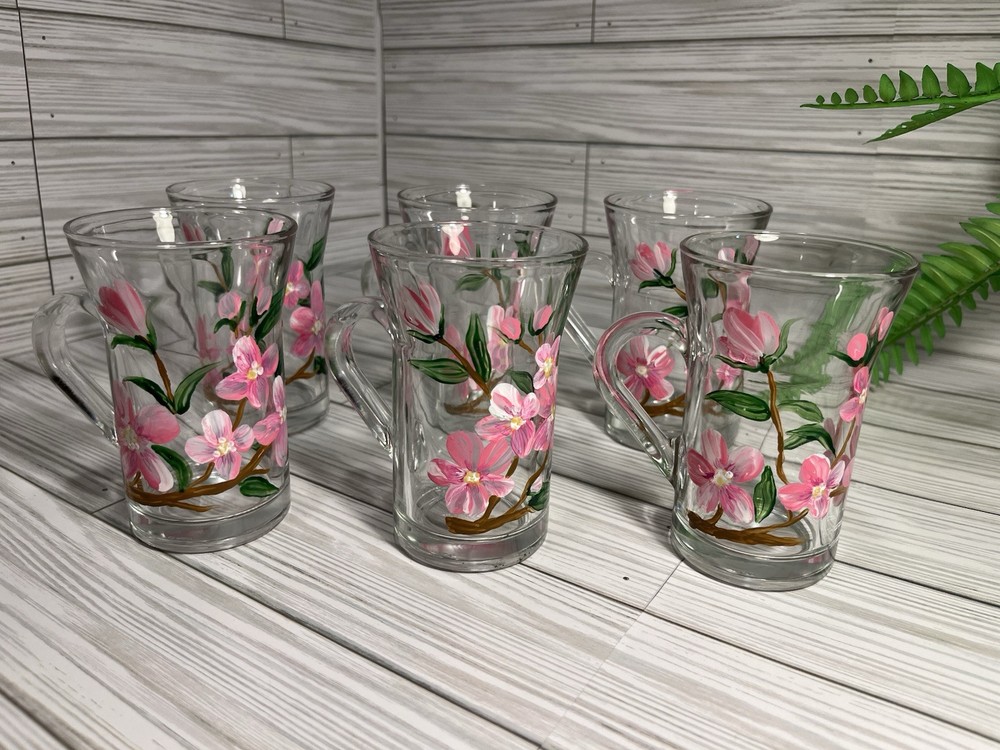 Vintage Italian Hand-Painted Pink Green Floral Juice Glasses Set of 6