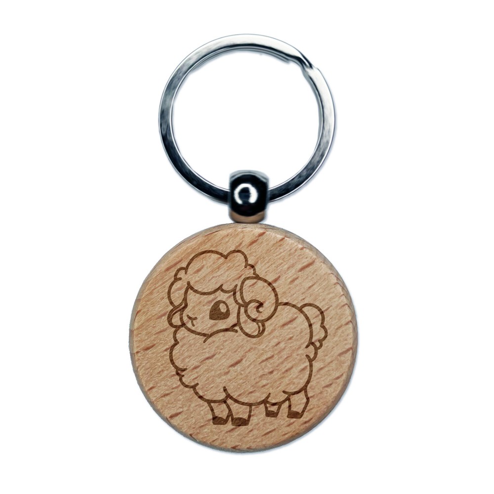 Fluffy Ram Cute Laser Engraved Wooden Round Keychain Charm