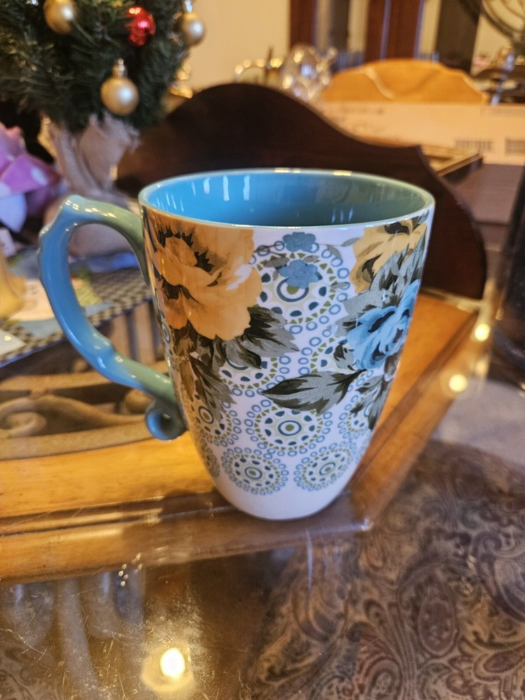 Pioneer Woman Rose Shadow Linen & Teal Large 24 Oz Coffee Mug